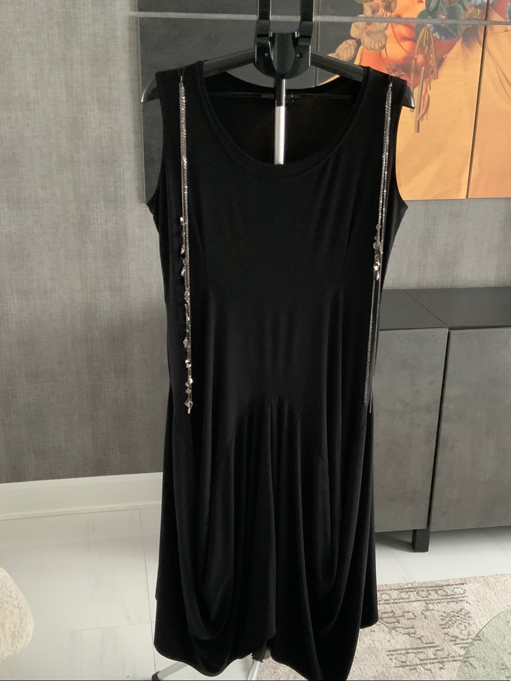 Picadilly Fashion Black Sleeveless Midi Dress with Silver Chain Trim L